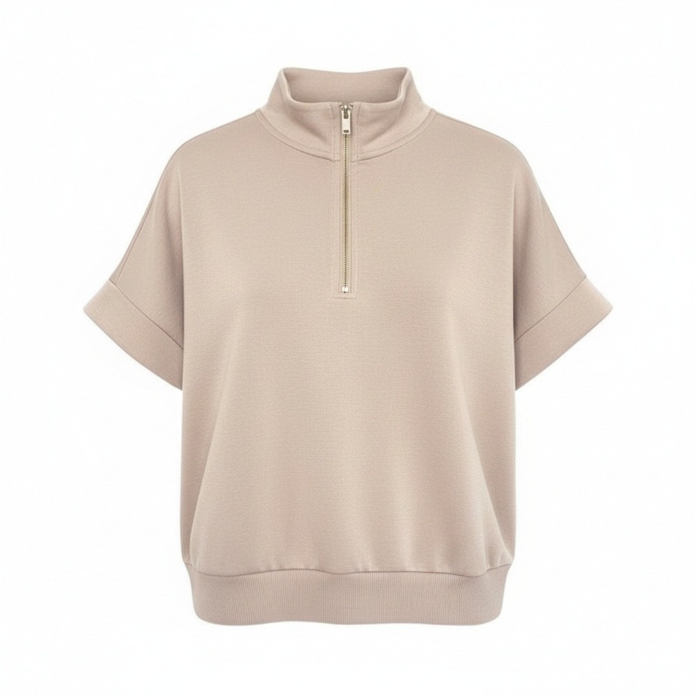 Elie Tahari Womens Beige Mock Neck Short Sleeve 1/4 Quarter Zip Sweatshirt Top L